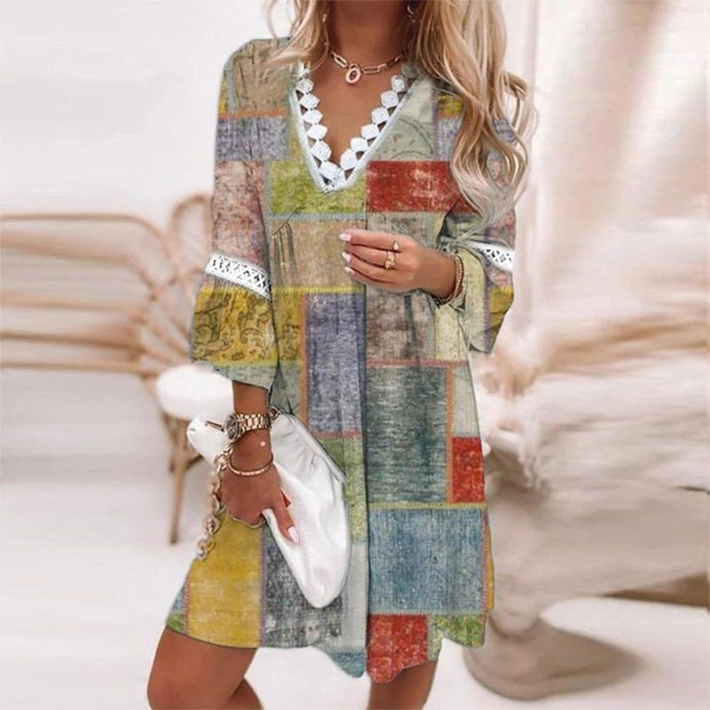 Floral Paisley Lace Trim V Neck Long Sleeve Boho Mini Dress