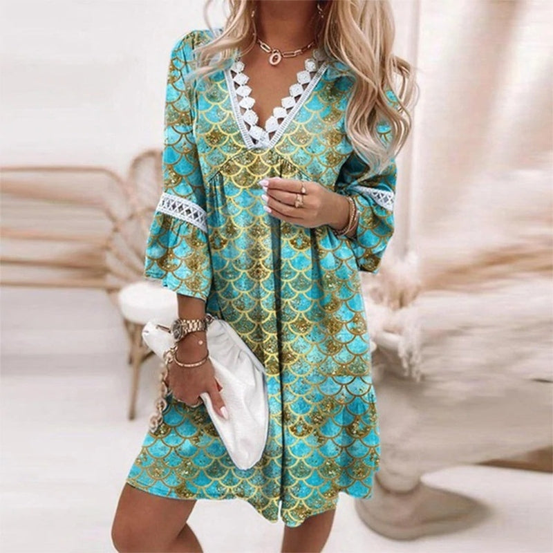 Floral Paisley Lace Trim V Neck Long Sleeve Boho Mini Dress