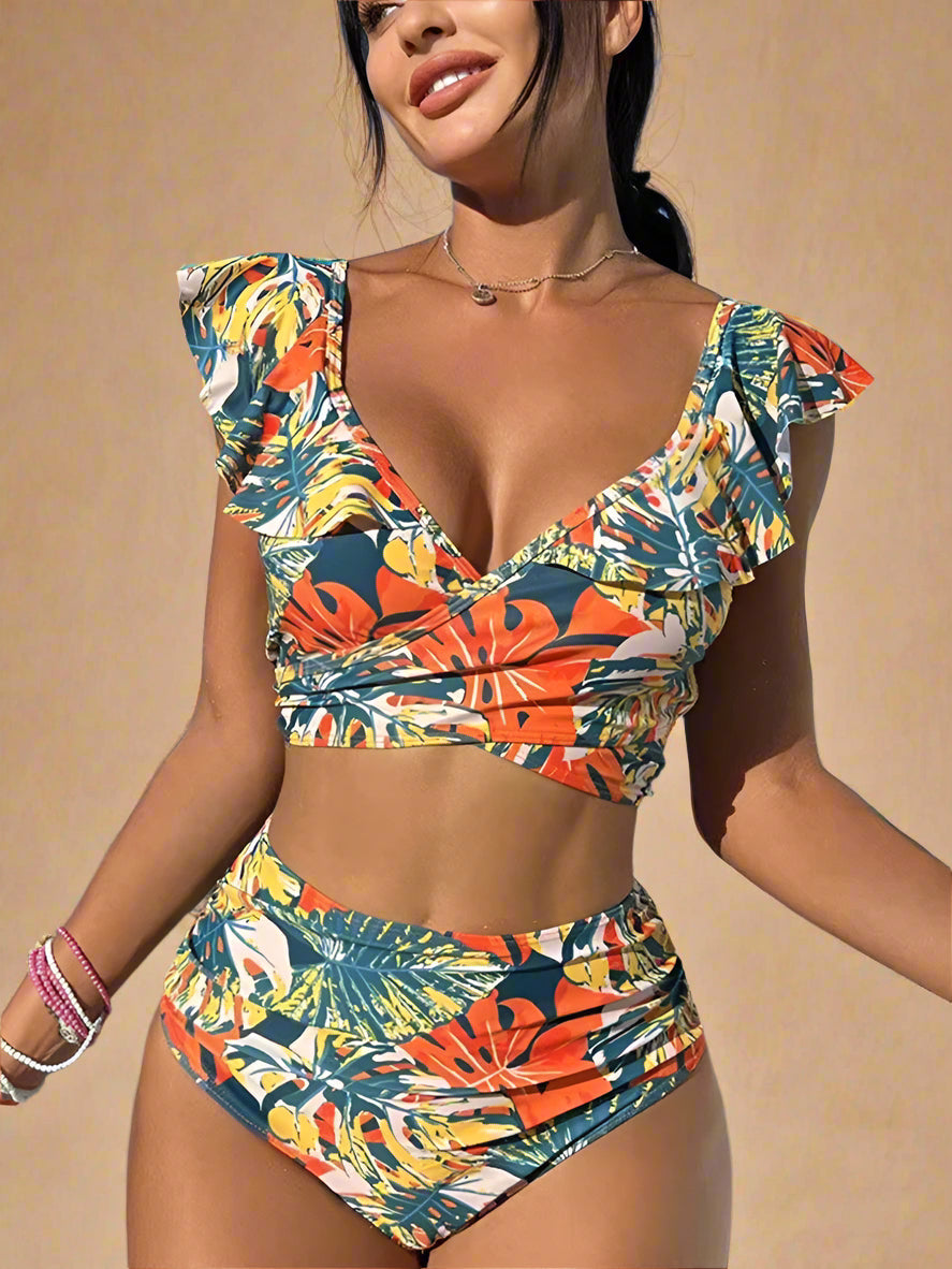 Tropical Print Ruffle Sleeve High Waist Bikini Set