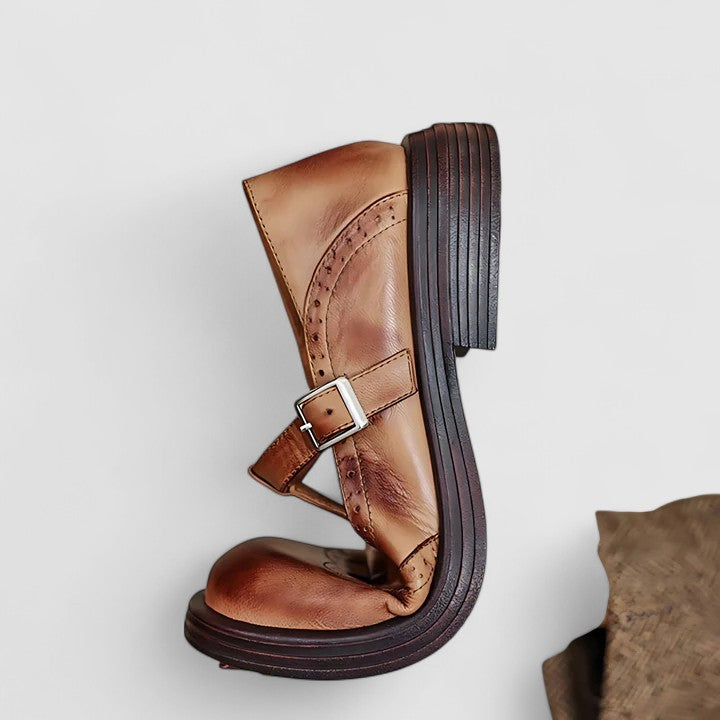 Brogue Detail T-Bar Buckle Vintage Leather Mary Jane Flat