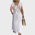 Linen V Neck Ruffle Shoulder Pocket Sleeveless Casual Maxi Dress