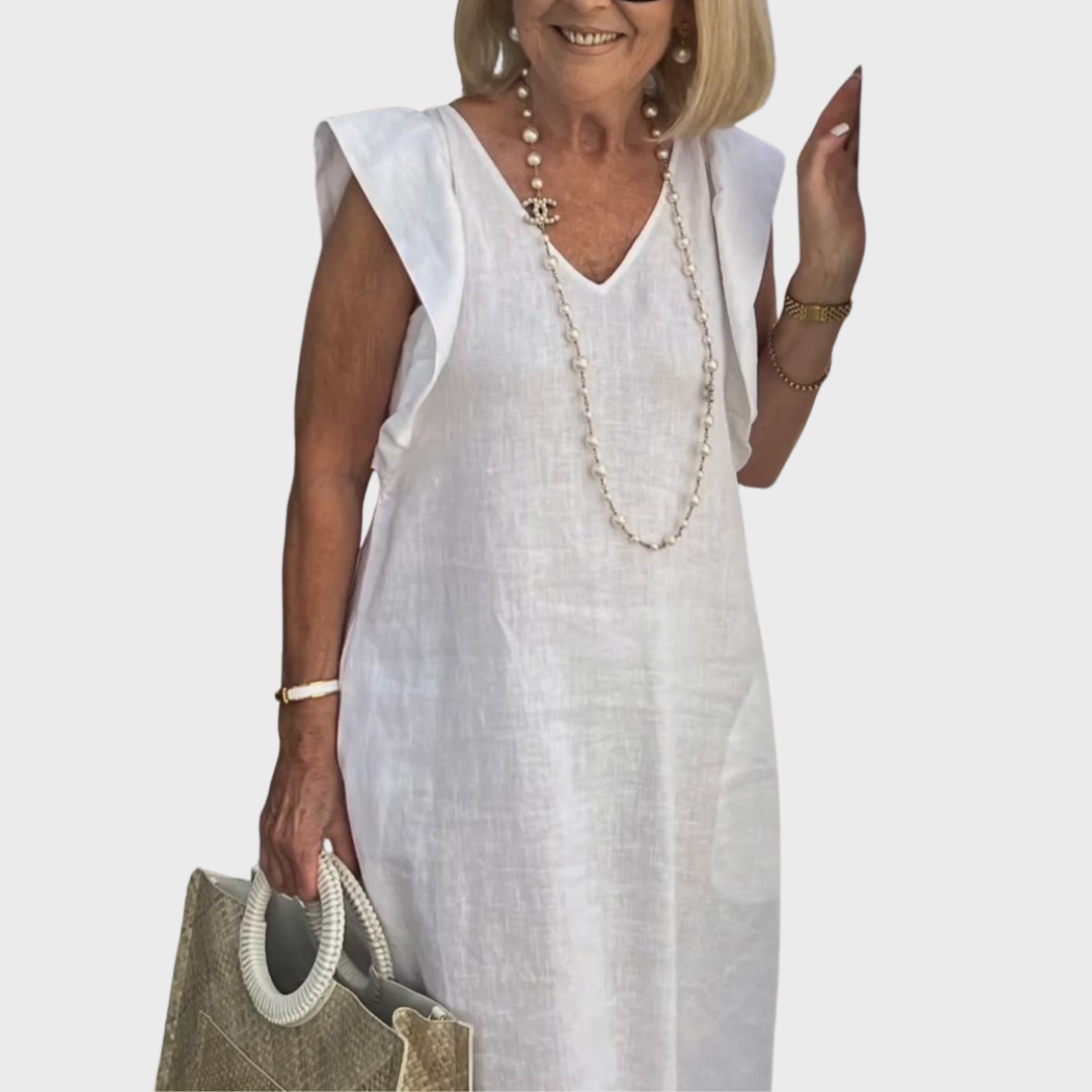 Linen V Neck Ruffle Shoulder Pocket Sleeveless Casual Maxi Dress