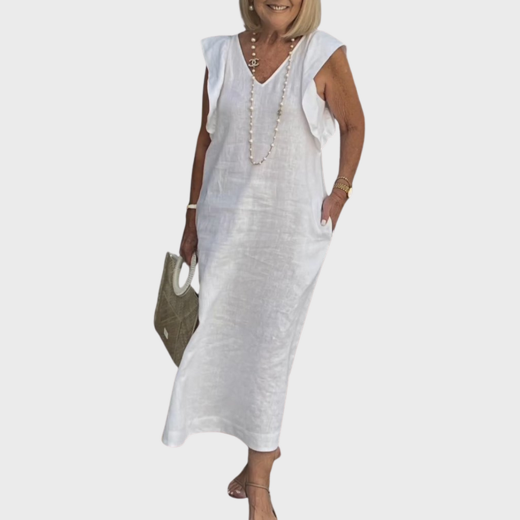 Linen V Neck Ruffle Shoulder Pocket Sleeveless Casual Maxi Dress