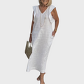 Linen V Neck Ruffle Shoulder Pocket Sleeveless Casual Maxi Dress