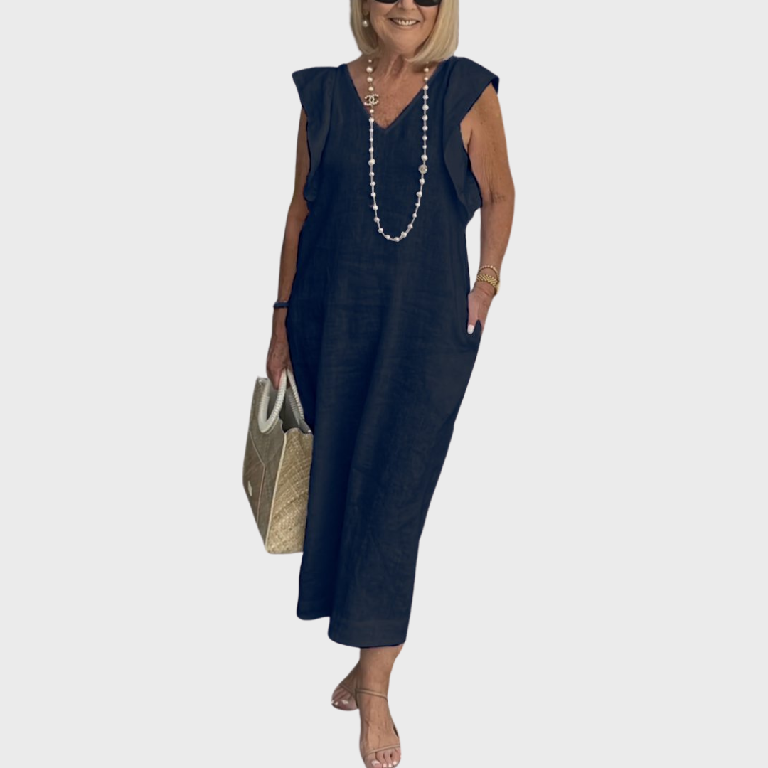 Linen V Neck Ruffle Shoulder Pocket Sleeveless Casual Maxi Dress