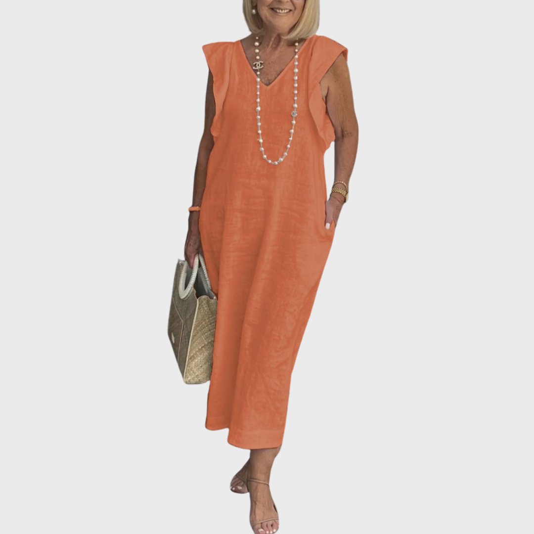 Linen V Neck Ruffle Shoulder Pocket Sleeveless Casual Maxi Dress
