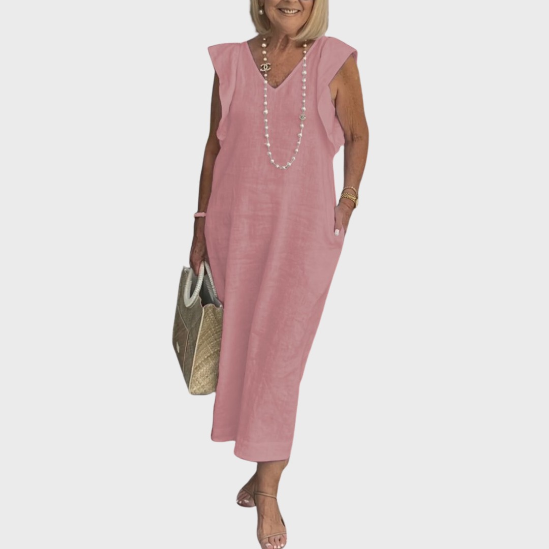 Linen V Neck Ruffle Shoulder Pocket Sleeveless Casual Maxi Dress