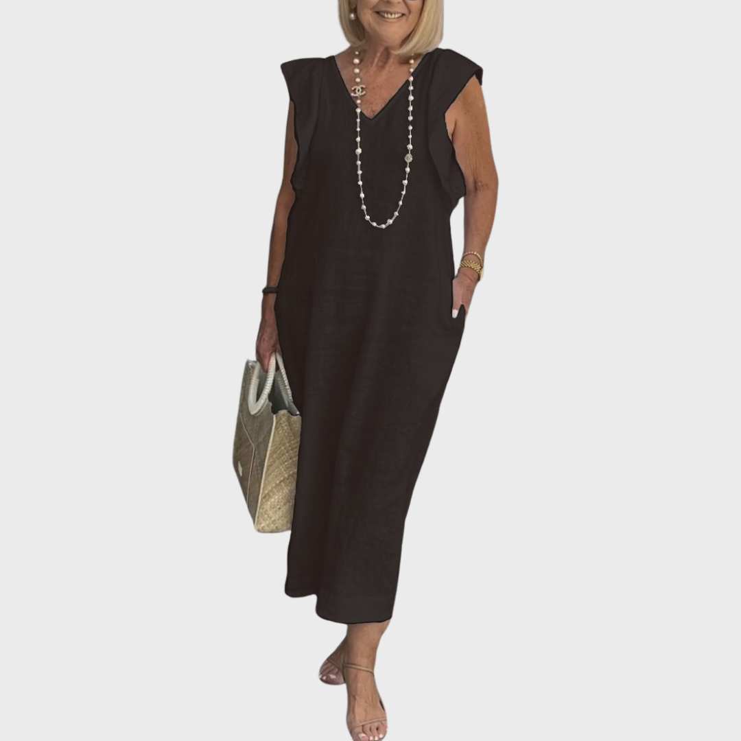 Linen V Neck Ruffle Shoulder Pocket Sleeveless Casual Maxi Dress