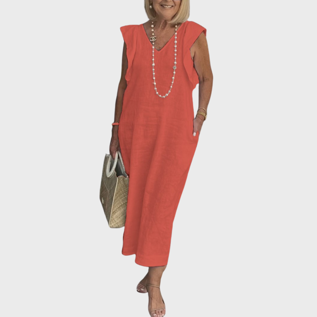 Linen V Neck Ruffle Shoulder Pocket Sleeveless Casual Maxi Dress