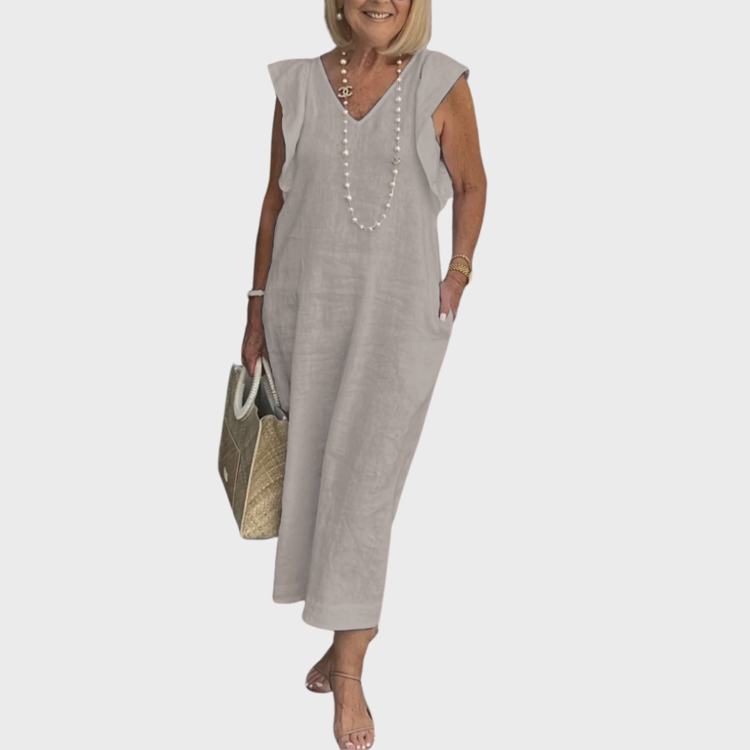 Linen V Neck Ruffle Shoulder Pocket Sleeveless Casual Maxi Dress