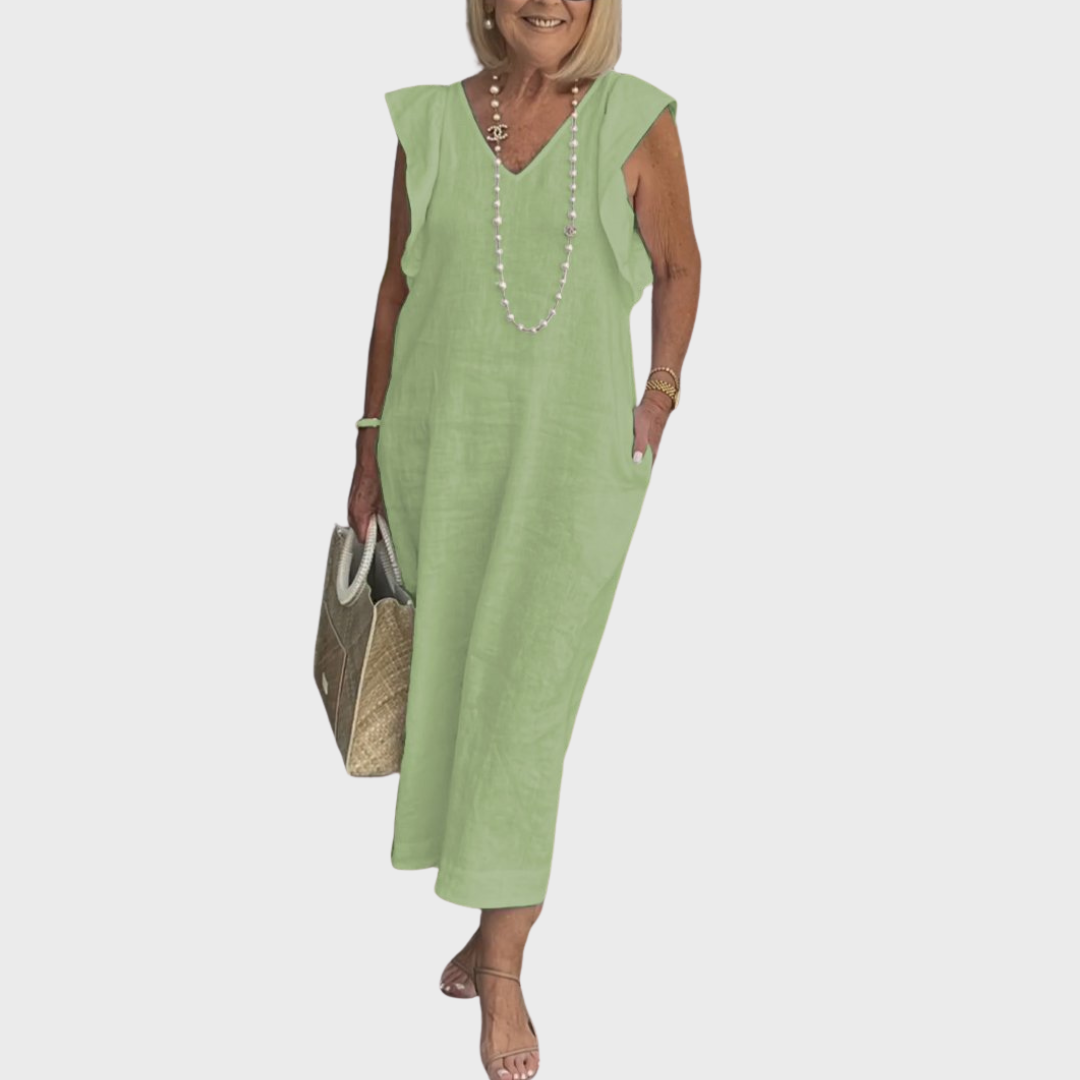 Linen V Neck Ruffle Shoulder Pocket Sleeveless Casual Maxi Dress