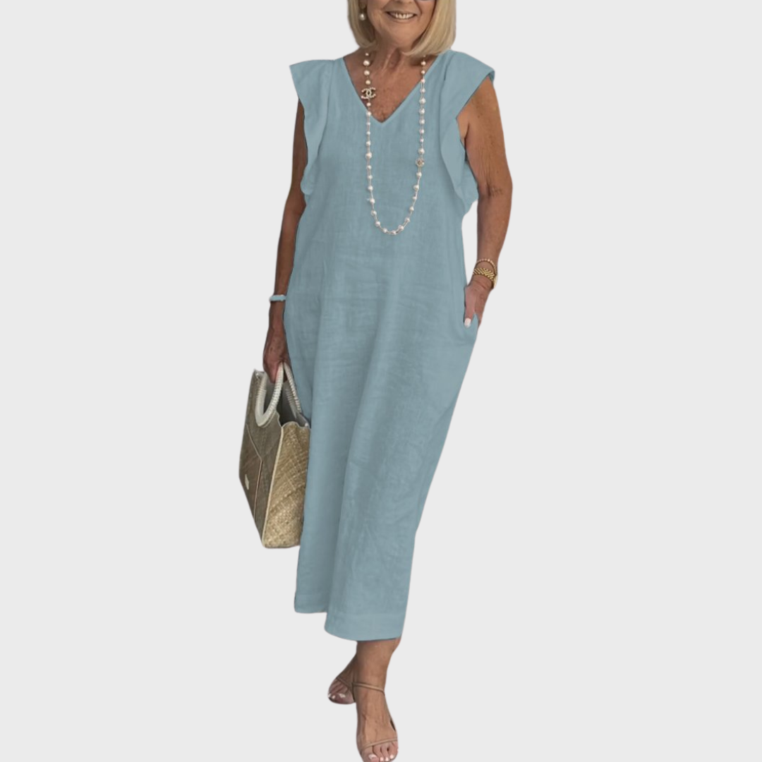 Linen V Neck Ruffle Shoulder Pocket Sleeveless Casual Maxi Dress