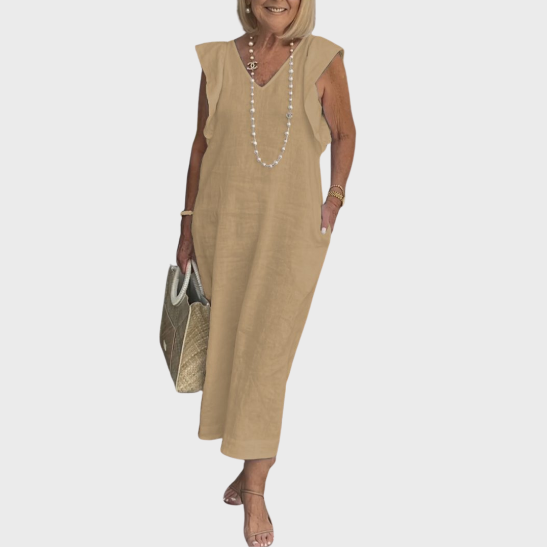 Linen V Neck Ruffle Shoulder Pocket Sleeveless Casual Maxi Dress