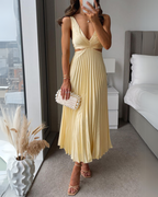 Pleated Cut Out Halter Midi Dress - Formal Wedding Guest