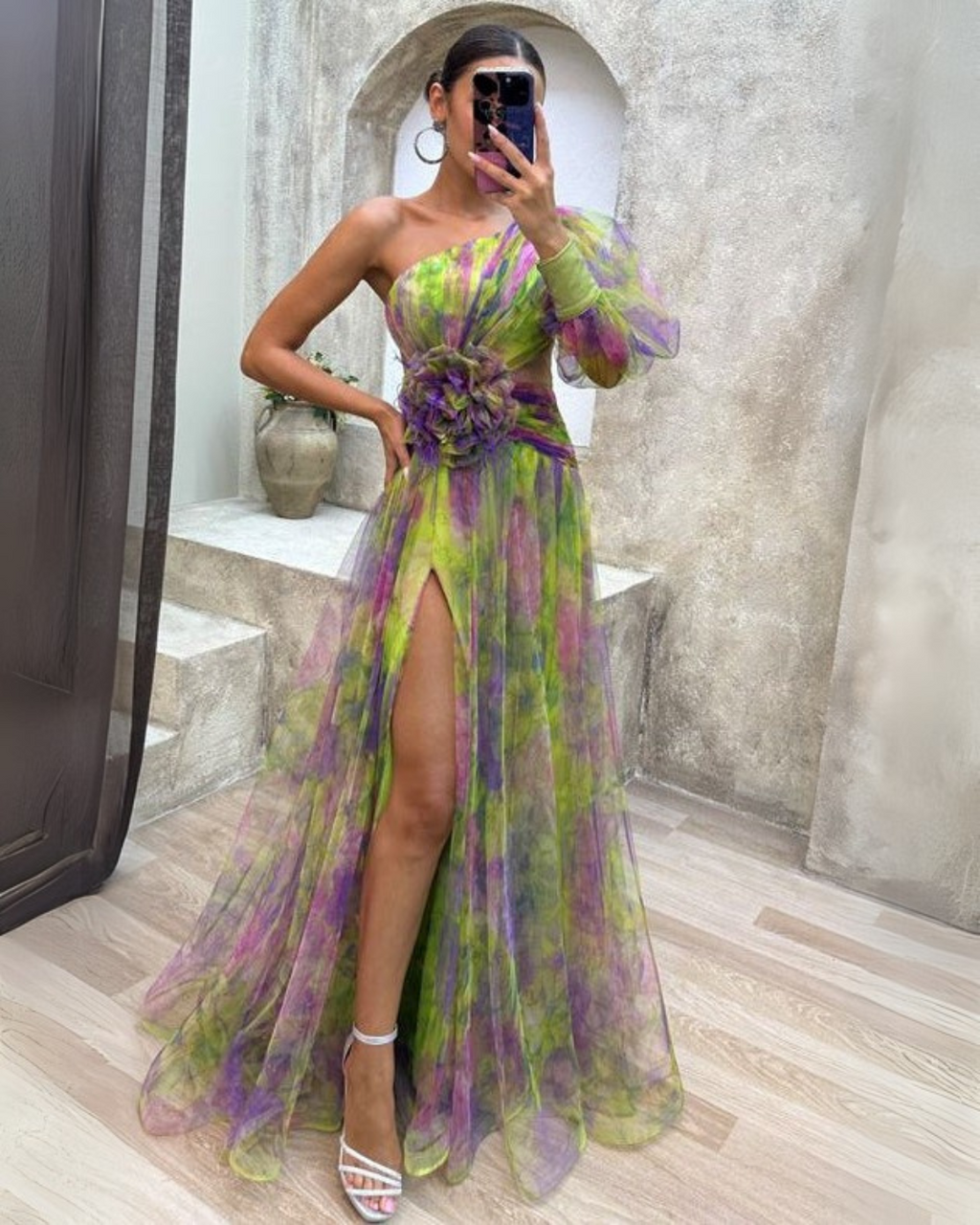 Floral Tulle One Shoulder Split Maxi Dress - Formal Evening Gown