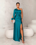 Satin One Shoulder Ruched Split Maxi Dress - Formal Evening Gown
