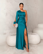 Satin One Shoulder Ruched Split Maxi Dress - Formal Evening Gown