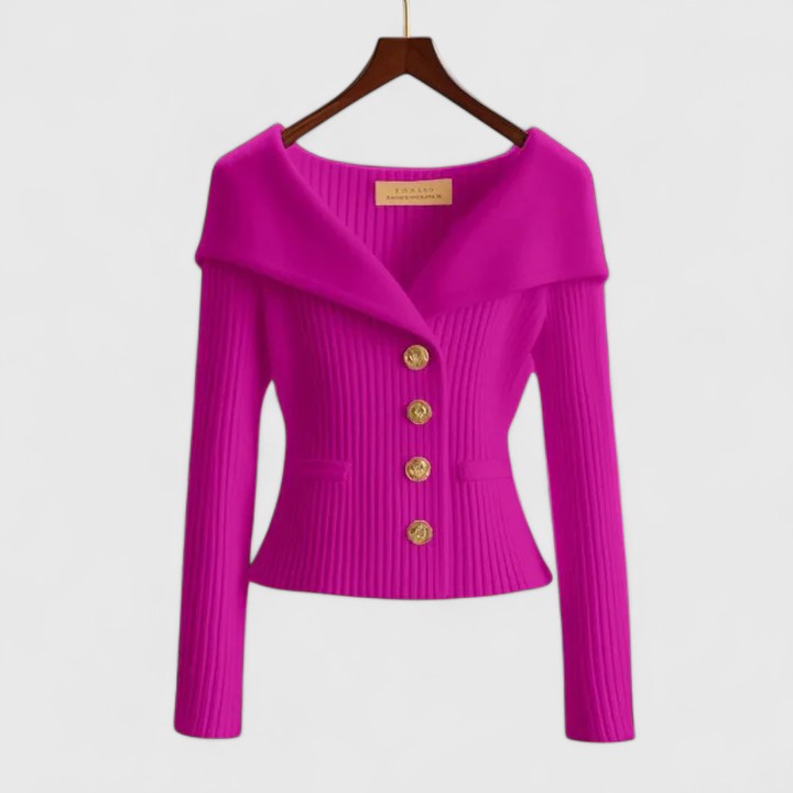 Off Shoulder Fold Collar Gold Button Fitted Ribbed Cardigan