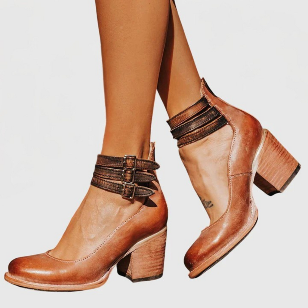 Triple Buckle Strap Distressed Leather Block Heel Boot