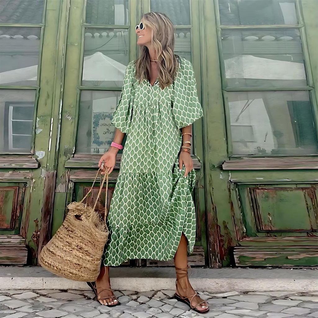 Geometric Print Button Front Tiered Boho Maxi Dress