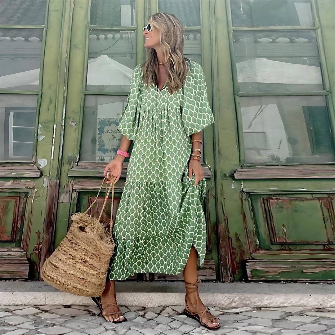 Geometric Print Button Front Tiered Boho Maxi Dress