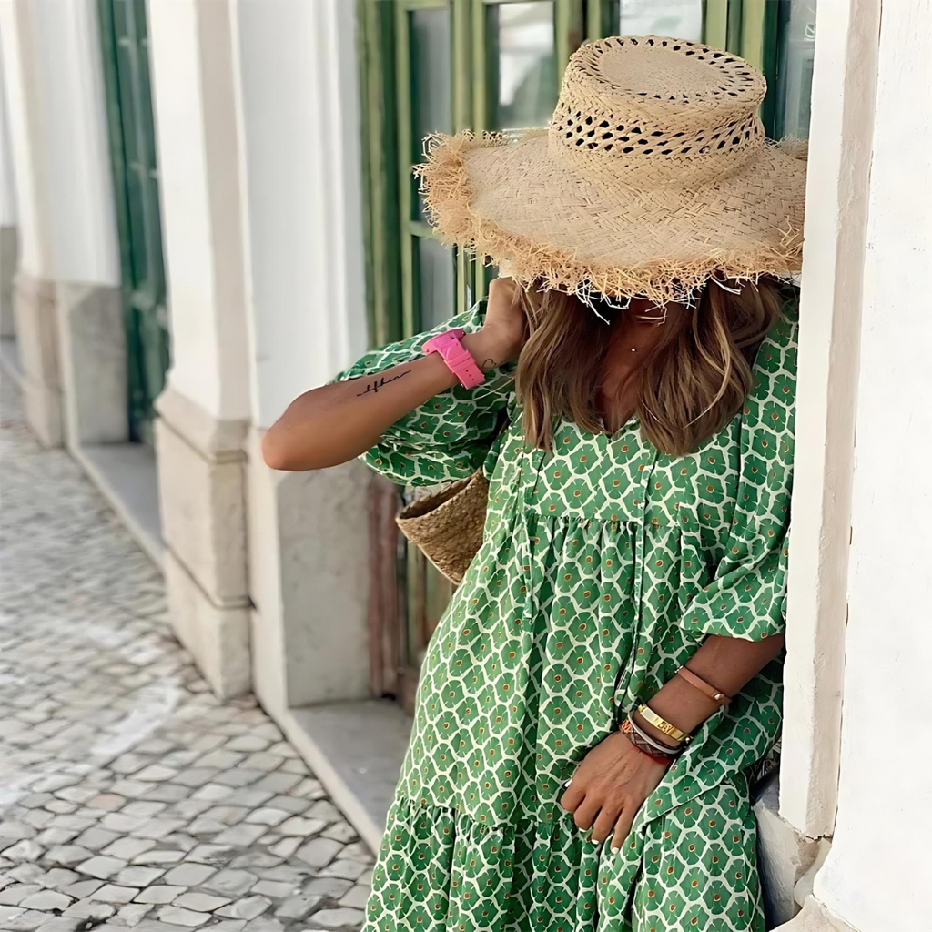 Geometric Print Button Front Tiered Boho Maxi Dress