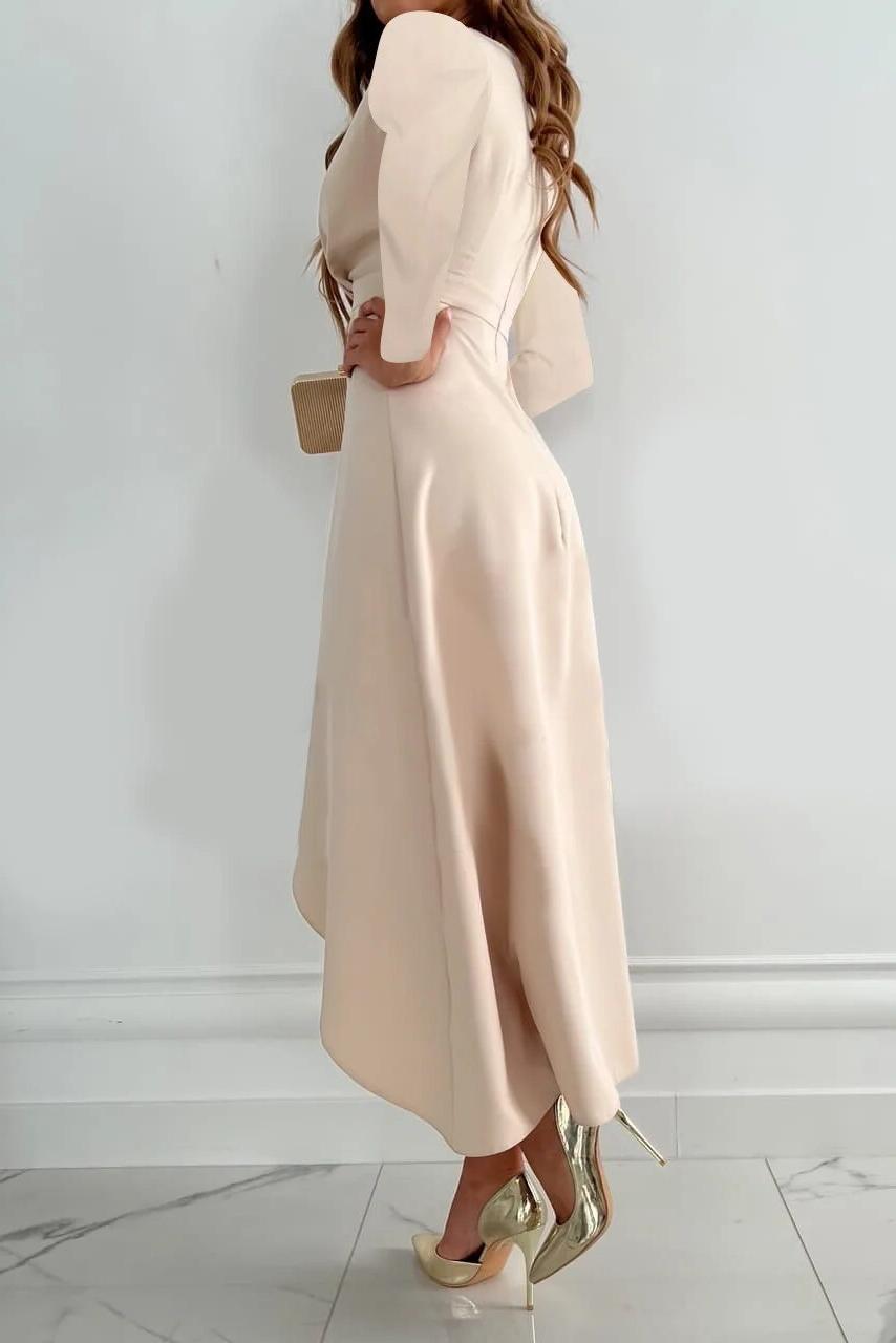 Satin Long Sleeve Ruffle Wrap Midi Dress - Formal Evening
