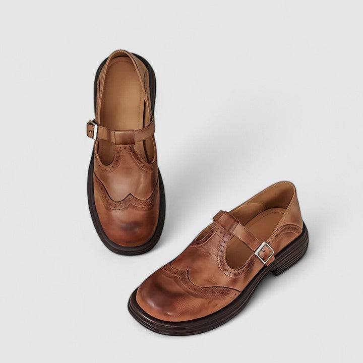 Brogue Detail T-Bar Buckle Vintage Leather Mary Jane Flat
