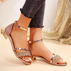 Rhinestone Chain Ankle Strap Low Block Heel Sandal