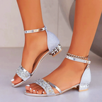 Rhinestone Chain Ankle Strap Low Block Heel Sandal