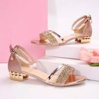 Rhinestone Chain Ankle Strap Low Block Heel Sandal