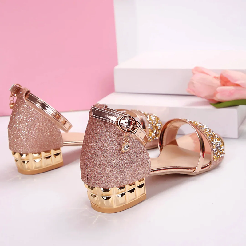 Rhinestone Chain Ankle Strap Low Block Heel Sandal