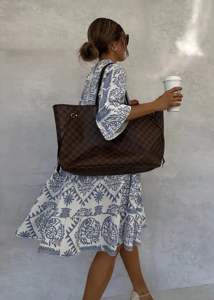 Geometric Floral Print V Neck Long Sleeve Tiered Smock Dress