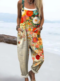 Vintage Floral Butterfly Print Adjustable Strap Casual Jumpsuit