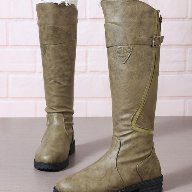 Leather Gold Buckle Strap Contrast Trim Lug Sole Knee High Riding Boot