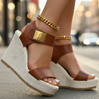Gold Buckle Ankle Strap Espadrille Platform Wedge Sandals