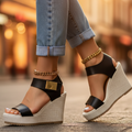 Gold Buckle Ankle Strap Espadrille Platform Wedge Sandals