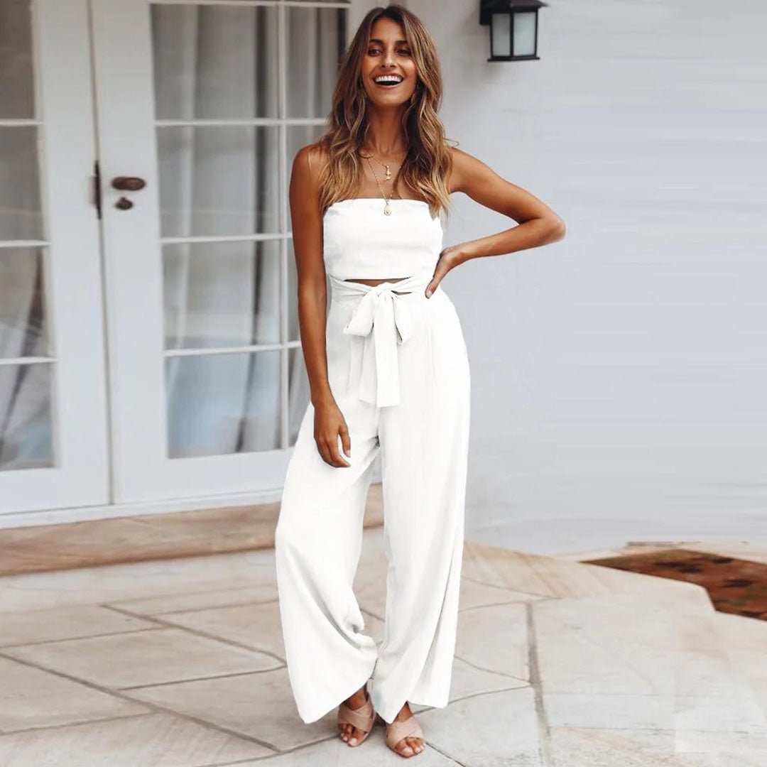 Strapless Bandeau Tie Waist Flowy Wide Leg Jumpsuit