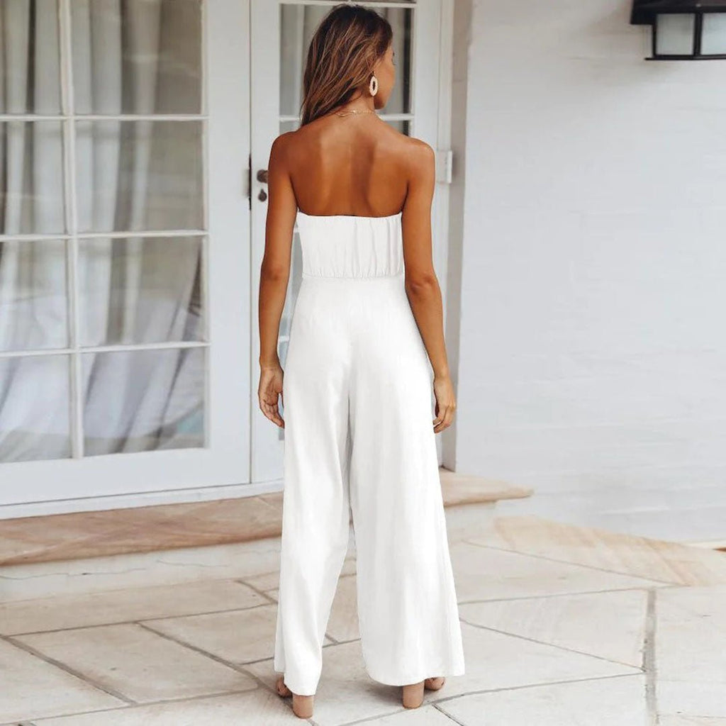 Strapless Bandeau Tie Waist Flowy Wide Leg Jumpsuit