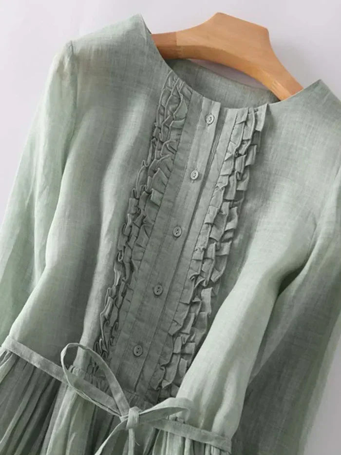Ruffle Trim Belted Button Front Linen Maxi Dresses