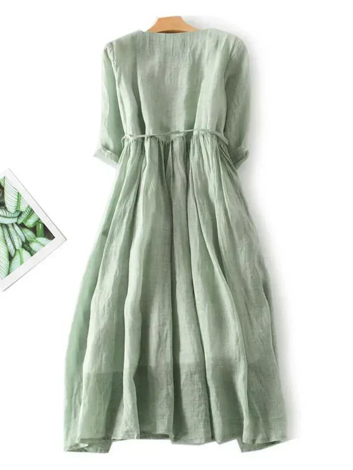 Ruffle Trim Belted Button Front Linen Maxi Dresses