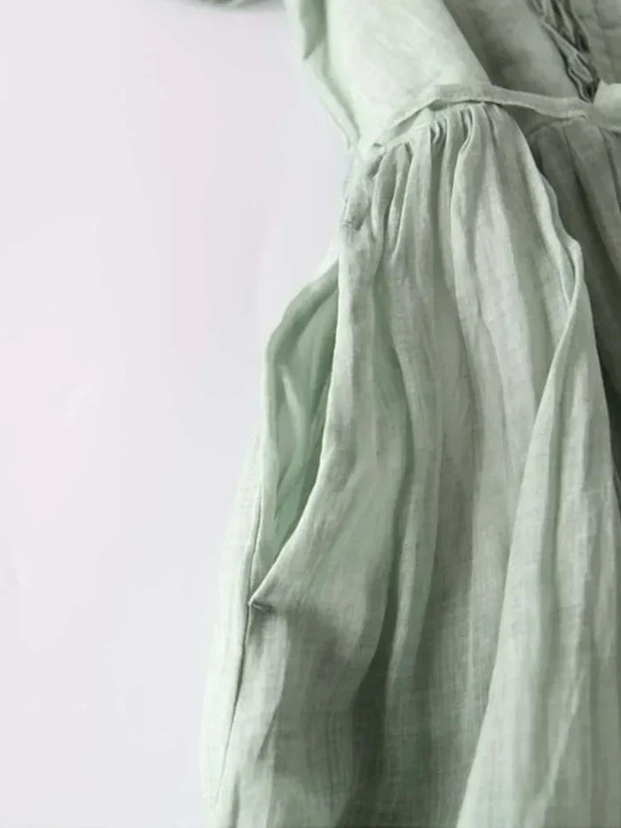 Ruffle Trim Belted Button Front Linen Maxi Dresses