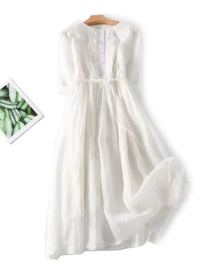 Ruffle Trim Belted Button Front Linen Maxi Dresses