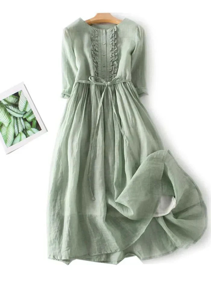 Ruffle Trim Belted Button Front Linen Maxi Dresses
