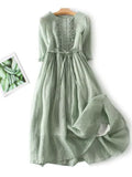 Ruffle Trim Belted Button Front Linen Maxi Dresses