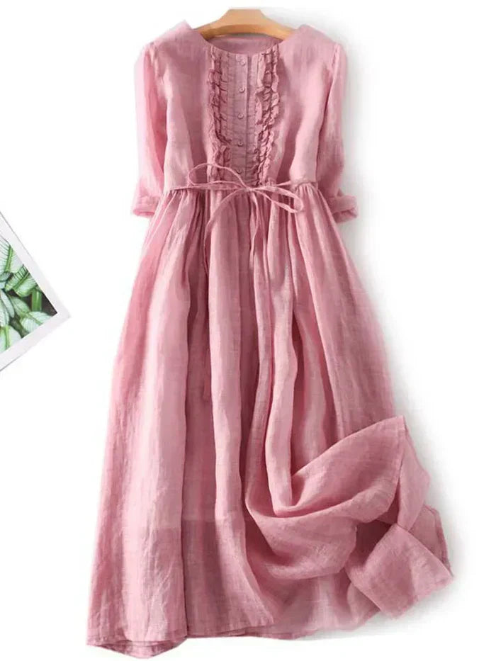 Ruffle Trim Belted Button Front Linen Maxi Dresses