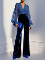 Mesh Sleeve V-Neck Velvet Wide Leg Jumpsuit - Formal Evening