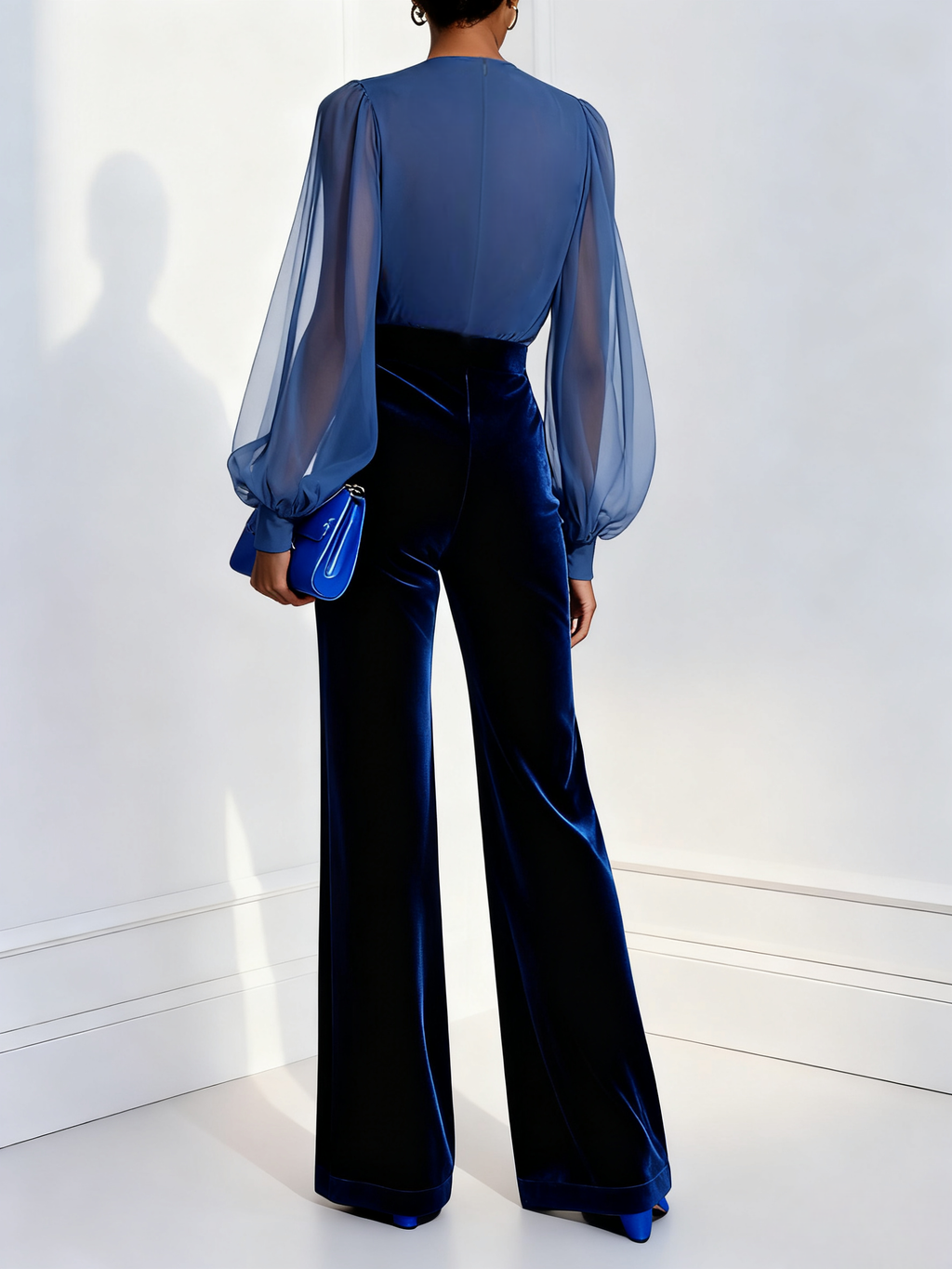 Mesh Sleeve V-Neck Velvet Wide Leg Jumpsuit - Formal Evening