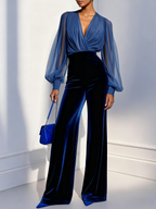 Mesh Sleeve V-Neck Velvet Wide Leg Jumpsuit - Formal Evening