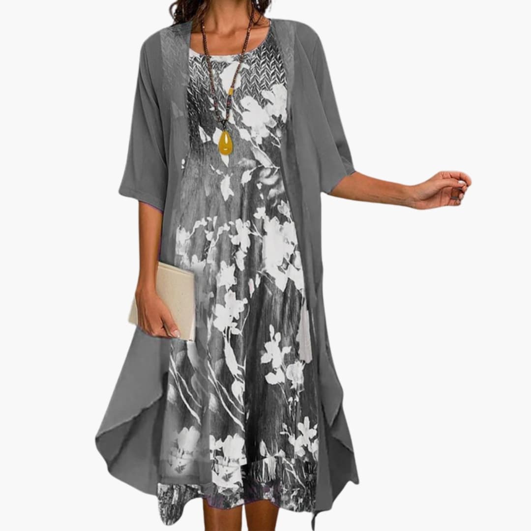 Watercolour Floral Midi Dress Chiffon Jacket Two Piece Set